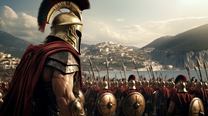 Photo of men in Roman armor standing together.generative ai