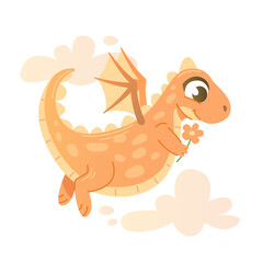 Cute cartoon dragon is flying with a flower in his hands against the background of clouds.
