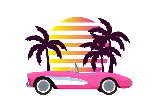 Pink classic corvette car on palm trees, sunset background in retro vintage style. Design t-shirt, print, sticker, poster. Vector