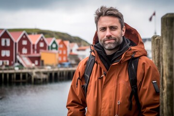 Photography in the style of pensive portraiture of a grinning boy in his 30s wearing a warm parka against a picturesque fishing village background. With generative AI technology