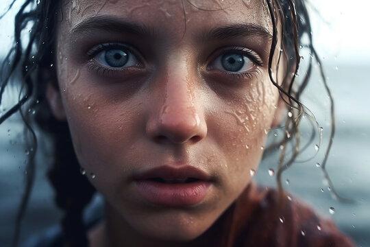 Close up portrait of a young caucasian teen girl standing under raining with her face full of droplet expressionless