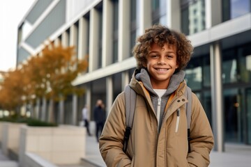 Urban fashion portrait photography of a grinning kid male wearing a warm parka against a modern office building background. With generative AI technology