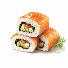 three sushi rolls with cucumber and tomato on a white background