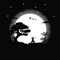 illustration vector graphic of Ninja, Assassin, Samurai training at night on a full moon. Perfect for wallpaper, poster, etc.