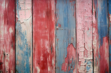 Rusty texture of wood panels in red blue and pink, old wooden background wallpaper , paint almost come out 
