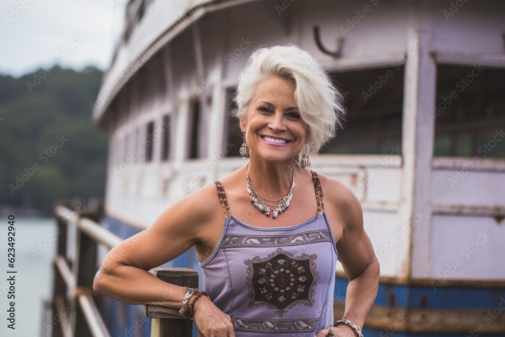 Wall mural Eclectic portrait photography of a joyful mature woman wearing underclothing against a scenic riverboat background. With generative AI technology