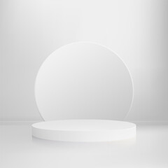 Empty white round podium, cylindrical pedestal, product advertising stage