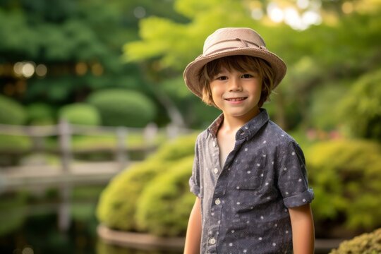 Lifestyle portrait photography of a glad kid male wearing a cool cap or hat against a tranquil japanese garden background. With generative AI technology