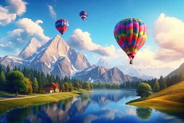 Fototapeta premium Beautiful view of mountains and lake, aerostat fly hot baloon