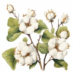Cotton flowers with green leaves - obrazy, fototapety, plakaty