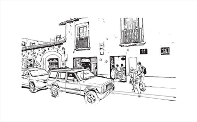 Obraz premium Building view with landmark of Puerto Vallarta city in Mexico. Hand drawn sketch illustration in vector.