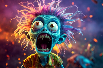 Funny expression of zombie who has just realized he is a zombie with vibrant vivid color in cartoonish 3d style 