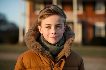 Close-up portrait photography of a glad boy in his 30s wearing a cozy winter coat against a historic plantation background. With generative AI technology