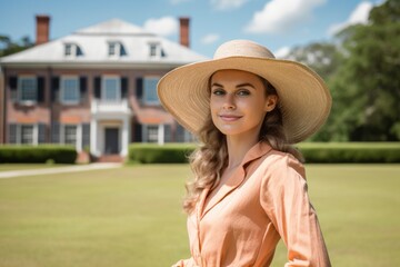Sports portrait photography of a tender mature girl wearing a stylish sun hat against a historic plantation background. With generative AI technology