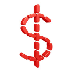 3D red dollar symbol or icon design with dashed lines