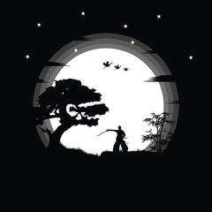 illustration vector graphic of Ninja, Assassin, Samurai training at night on a full moon. Perfect for wallpaper, poster, etc.