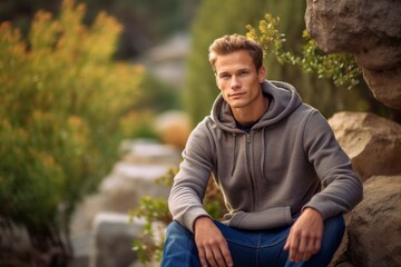 Naklejka na ściany i meble Editorial portrait photography of a satisfied boy in his 30s wearing a comfortable hoodie against a serene rock garden background. With generative AI technology