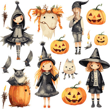 Halloween costume clipart, Halloween watercolor cartoon characters, decorative elements.GenerativeAI.