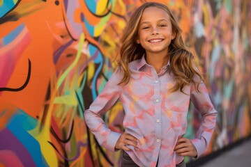 Editorial portrait photography of a happy kid female wearing a classy button-up shirt against a vibrant street mural background. With generative AI technology