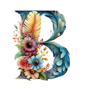 letter B in ornate colourful watercolour feather illustration style, bright colours, alphabet abc typography font letters