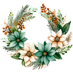 Floral watercolor christmas wreath clipart with transparent background, created with generative AI technology