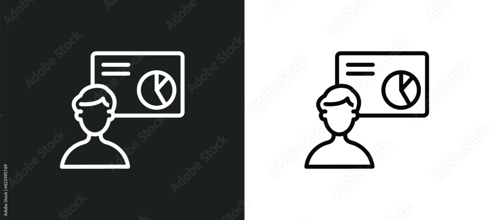 Poster person explaining data icon isolated in white and black colors. person explaining data outline vecto