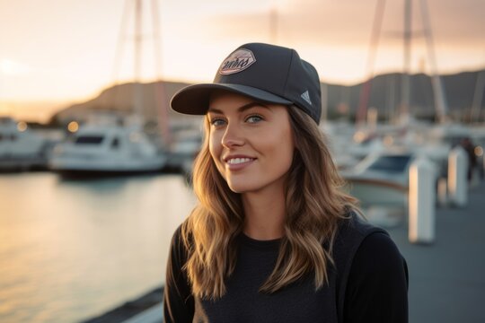Medium shot portrait photography of a glad girl in her 30s wearing a cool cap against a busy marina background. With generative AI technology