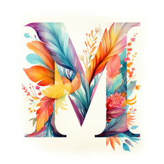 letter M in ornate colourful watercolour feather illustration style, bright colours, alphabet abc typography font letters