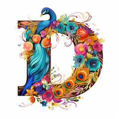 Obraz premium letter D in ornate colourful watercolour feather illustration style, bright colours, alphabet abc typography font letters