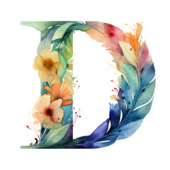 letter D in ornate colourful watercolour feather illustration style, bright colours, alphabet abc typography font letters