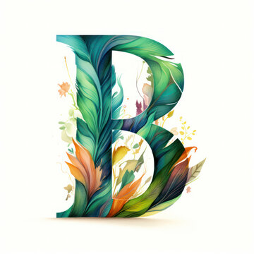 letter B in ornate colourful watercolour feather illustration style, bright colours, alphabet abc typography font letters