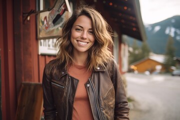 Eclectic portrait photography of a grinning girl in her 30s wearing a trendy leather jacket against a cozy mountain lodge background. With generative AI technology