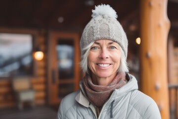Studio portrait photography of a grinning mature woman wearing a warm beanie or knit hat against a cozy mountain lodge background. With generative AI technology