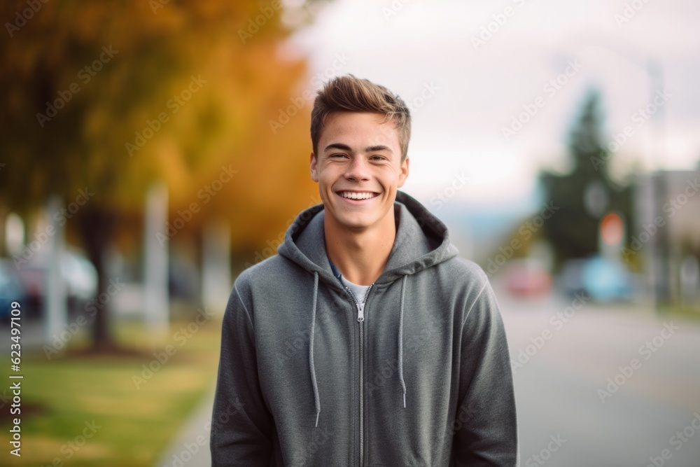 Wall mural Lifestyle portrait photography of a glad boy in his 30s wearing a cozy zip-up hoodie against a bustling university campus background. With generative AI technology - Wall murals