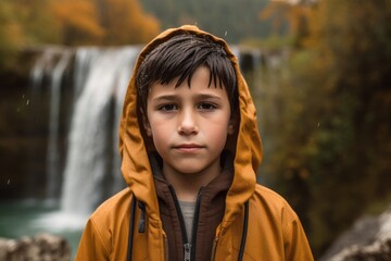 Close-up portrait photography of a glad kid male wearing a stylish hoodie against a picturesque waterfall background. With generative AI technology