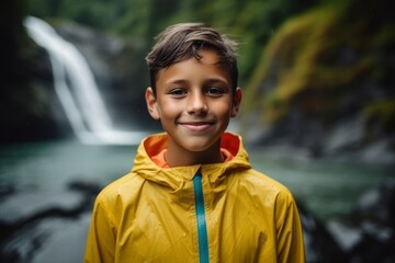 Close-up portrait photography of a satisfied kid male wearing a comfortable tracksuit against a picturesque waterfall background. With generative AI technology