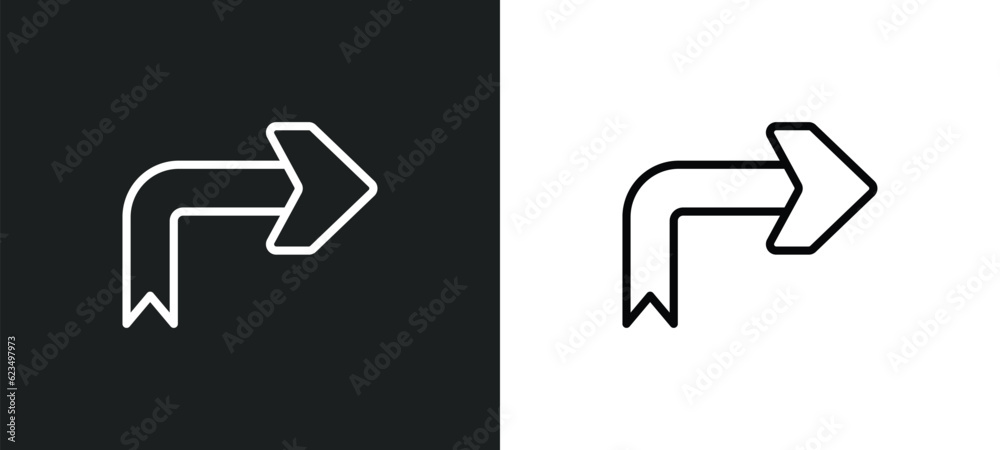 Poster right arrow with turn icon isolated in white and black colors. right arrow with turn outline vector 