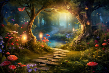 Fantasy fairy tale background. Fantasy enchanted forest with magical luminous plants, built ancient mighty trees covered with moss, with beautiful houses, butterflies and fireflies fly in the air. - obrazy, fototapety, plakaty
