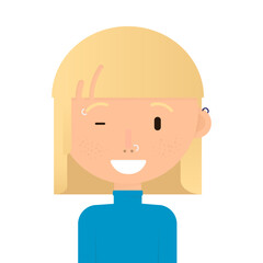Smile girl with blond short hair avatar, pirsing, headphones. Flat style on white background
