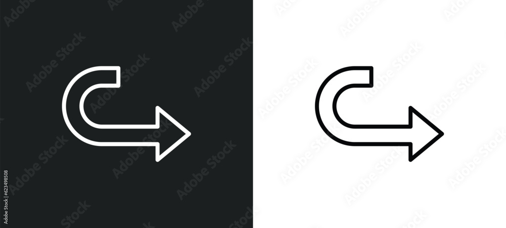 Poster curve right arrow icon isolated in white and black colors. curve right arrow outline vector icon fro