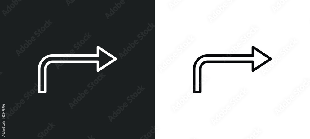 Poster turn right arrow icon isolated in white and black colors. turn right arrow outline vector icon from 