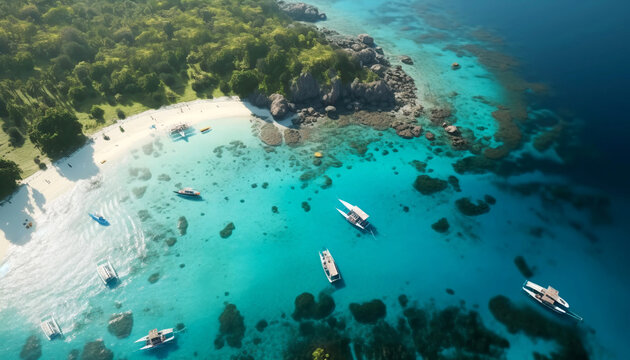 Breathtaking summer paradise: Aerial view of crystal clear water, pristine white beach, and long tail boats on a tropical island" AI generated
