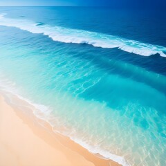 An aerial view of a tranquil beach, with a light blue transparent water wave and sunbeams radiating from the sky, creating a summer vacation background 