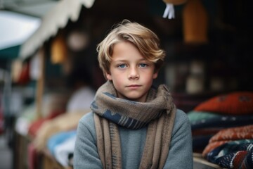Photography in the style of pensive portraiture of a tender boy in his 30s wearing a cozy sweater against a bustling outdoor bazaar background. With generative AI technology