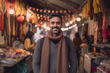 Obraz premium Eclectic portrait photography of a satisfied boy in his 30s wearing a cozy sweater against a bustling outdoor bazaar background. With generative AI technology