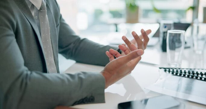 Hands, meeting and man in pitch interview with paperwork for financial advice or business proposal. Communication, motivation and businessman at investment presentation for advisory b2b consultation.