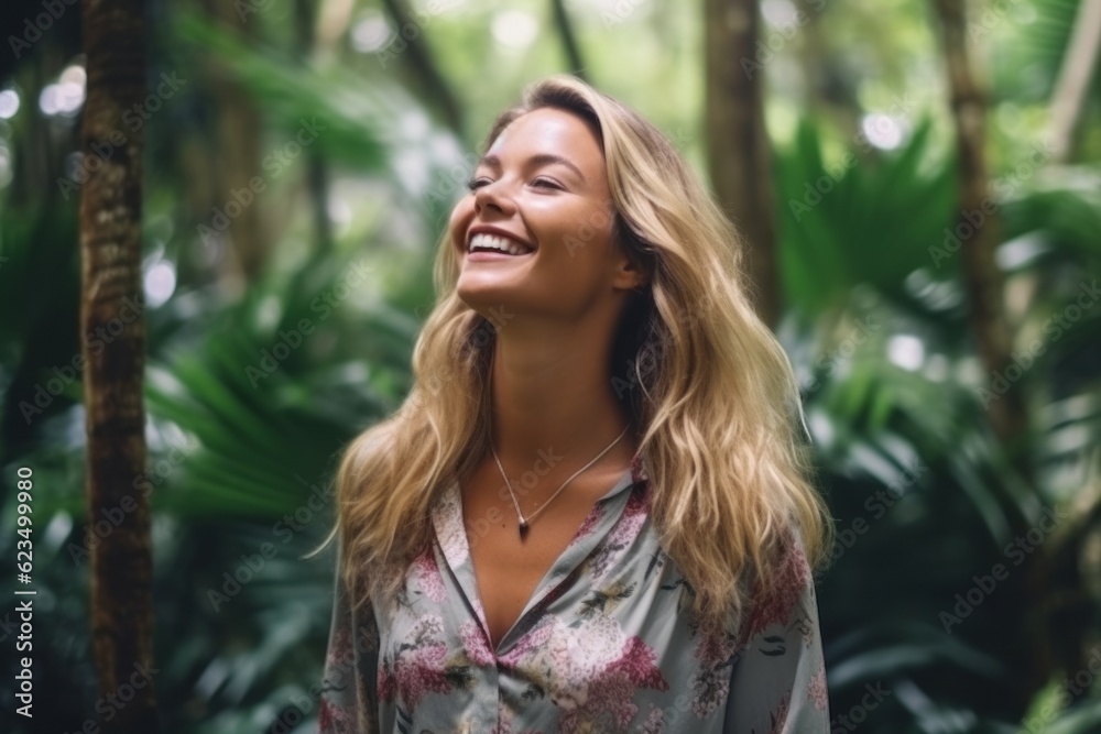 Sticker Medium shot portrait photography of a happy girl in her 30s wearing a sophisticated blouse against a scenic tropical rainforest background. With generative AI technology