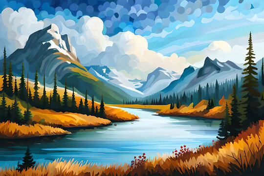 Highland lake lendscape. AI generated illustration
