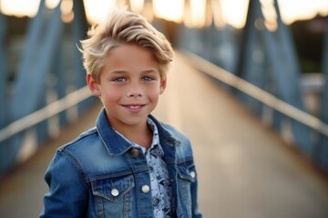 Studio portrait photography of a tender kid male wearing a denim jacket against a picturesque bridge background. With generative AI technology