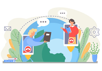 Videoconferencing, online meeting workspace. Video call chat conference. Woman and man speaking over web camera via telephone or tablet pc. People on smartphone screen talking with colleague